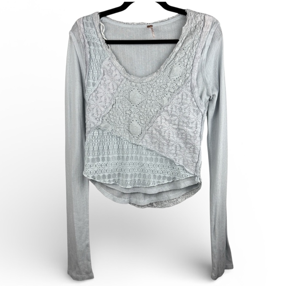 Free People Women’s Large Lace Long Sleeve Light Blue Blouse